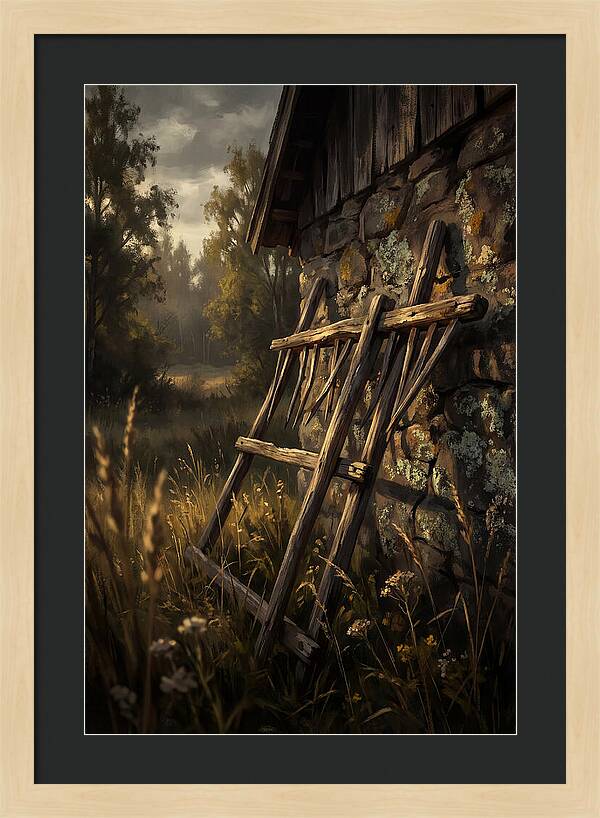 Old Wooden Hay Rake Against Stone