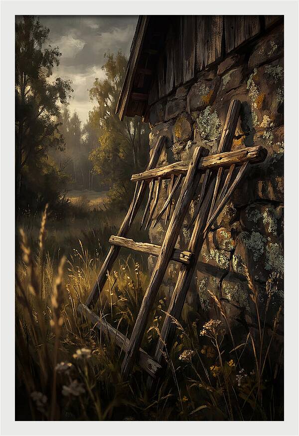 Old Wooden Hay Rake Against Stone