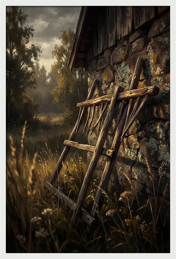 Old Wooden Hay Rake Against Stone