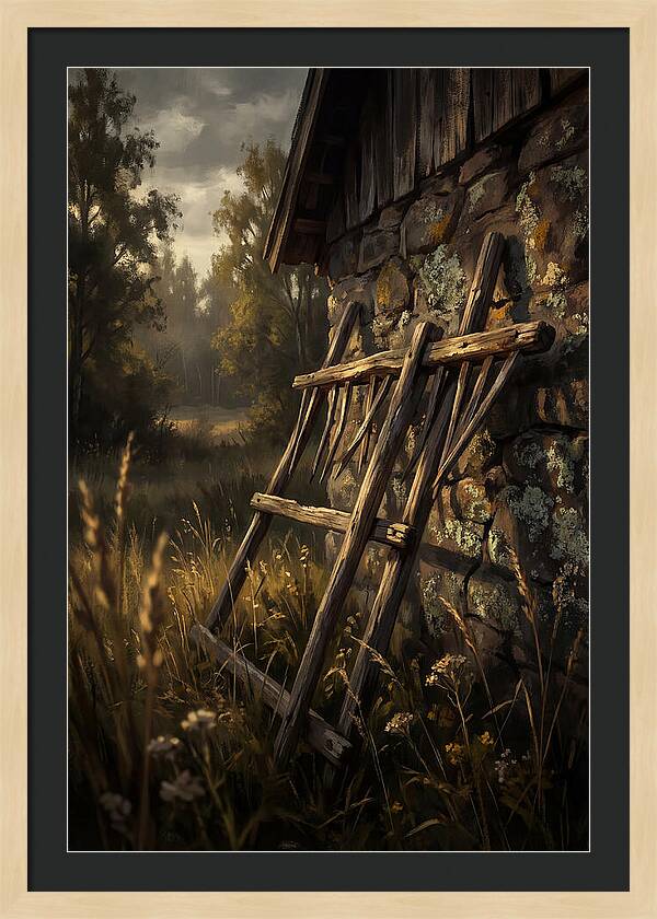 Old Wooden Hay Rake Against Stone