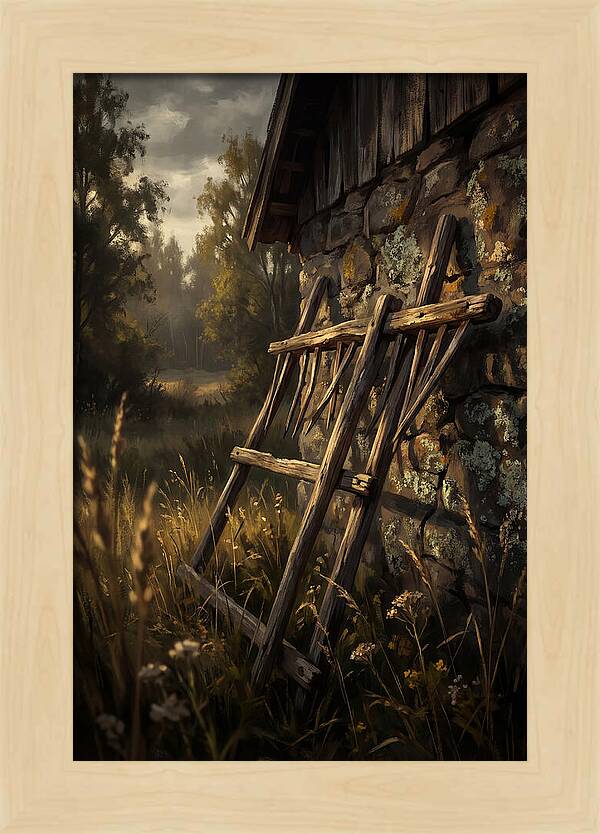 Old Wooden Hay Rake Against Stone