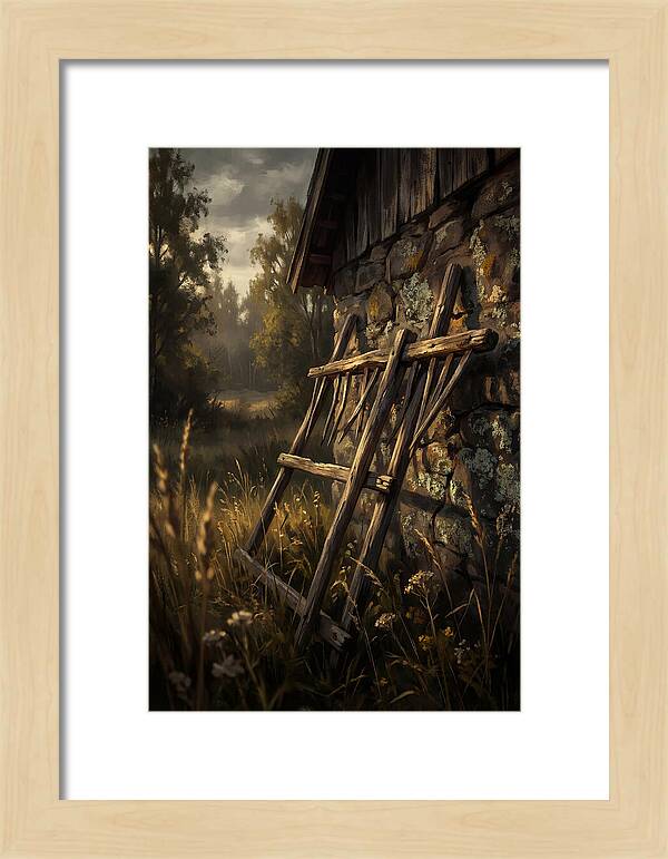Old Wooden Hay Rake Against Stone