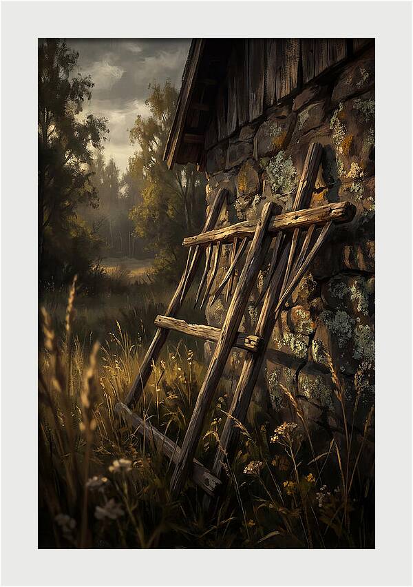 Old Wooden Hay Rake Against Stone