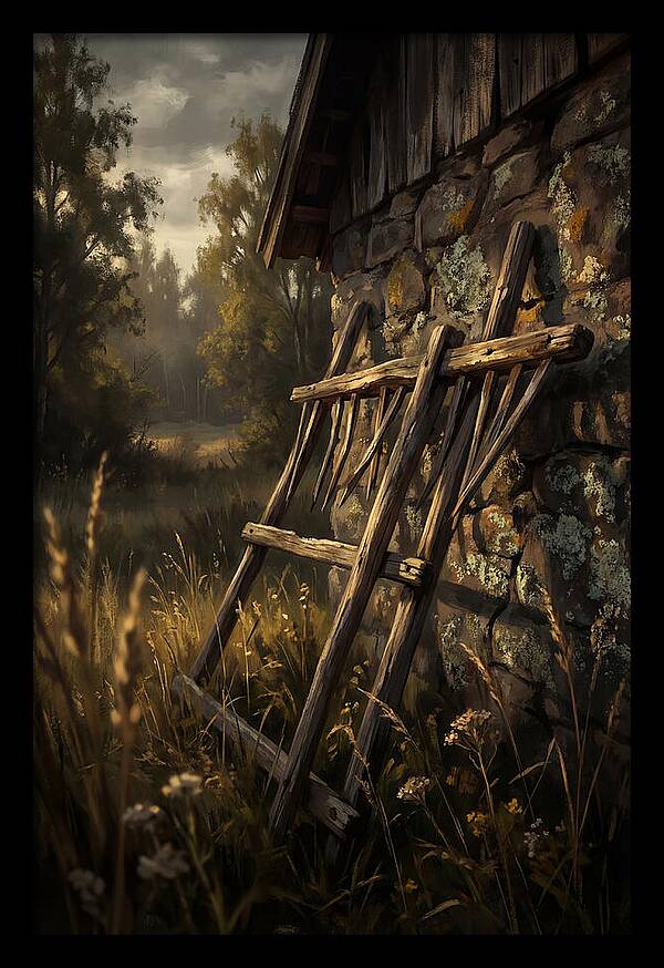 Old Wooden Hay Rake Against Stone