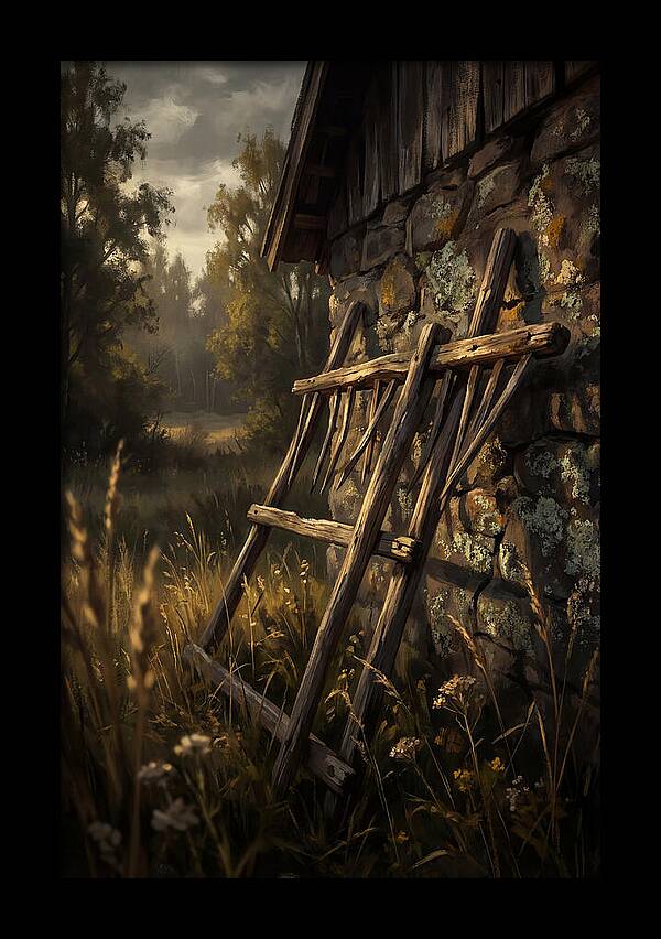 Old Wooden Hay Rake Against Stone