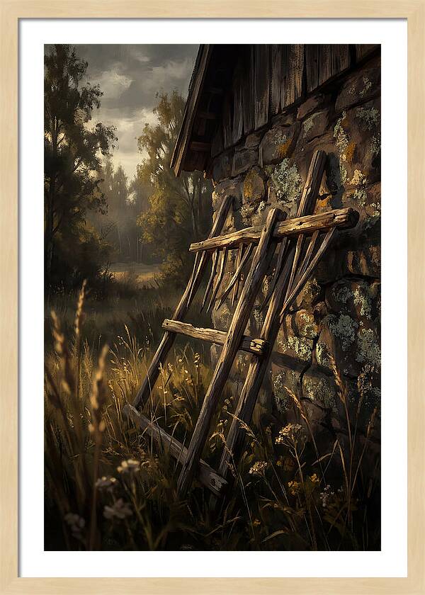 Old Wooden Hay Rake Against Stone