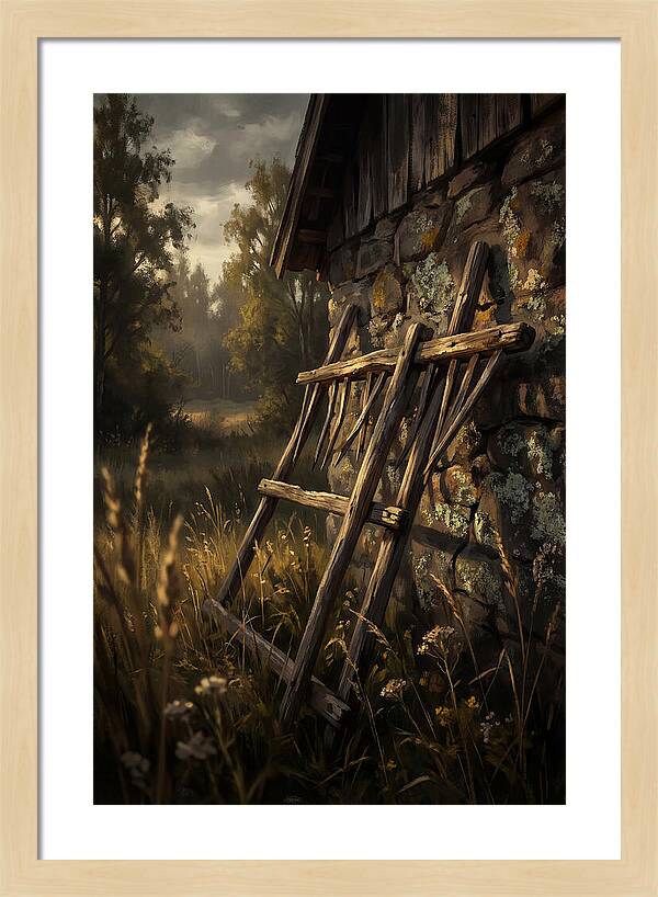 Old Wooden Hay Rake Against Stone