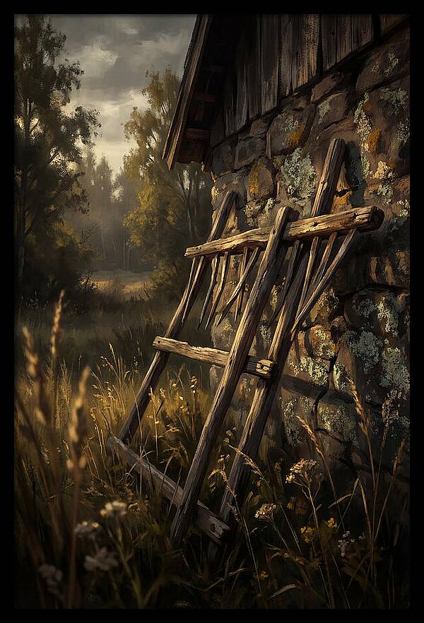Old Wooden Hay Rake Against Stone