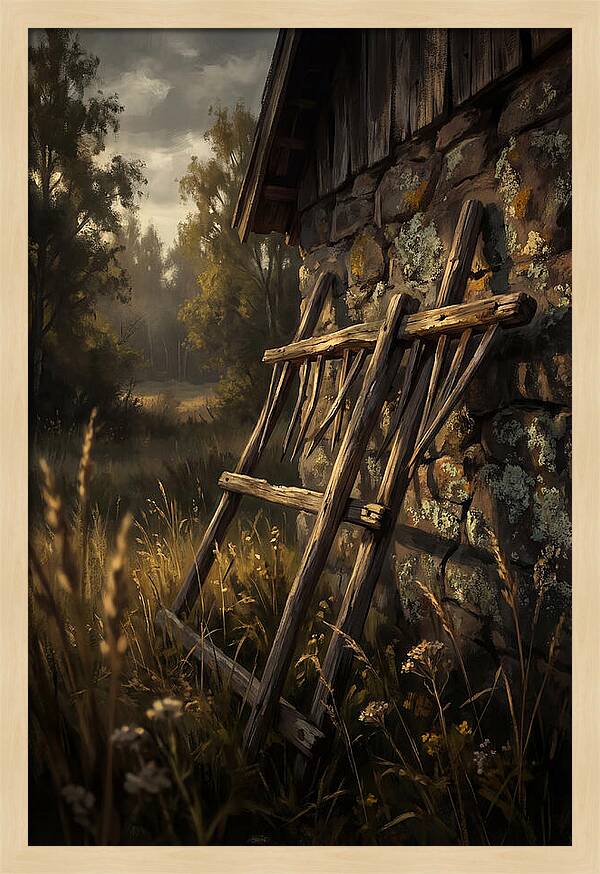 Old Wooden Hay Rake Against Stone