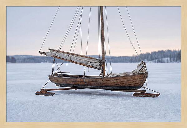 Old Wooden Ice Boat On Frozen Lake