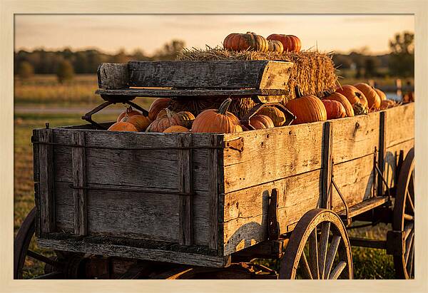 Old Wooden Wagon Loaded With Pumpkins
