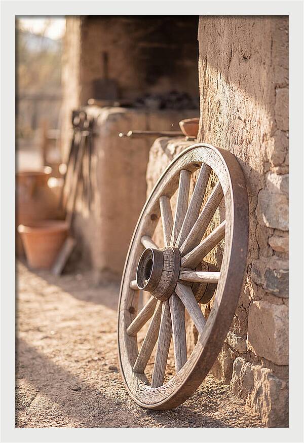 Old Wooden Wheel Against Wall
