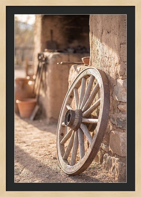 Old Wooden Wheel Against Wall