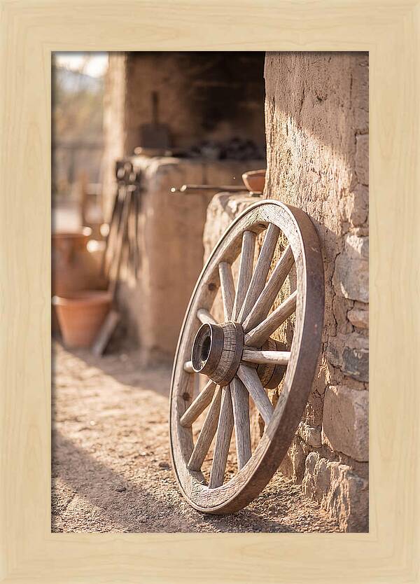 Old Wooden Wheel Against Wall