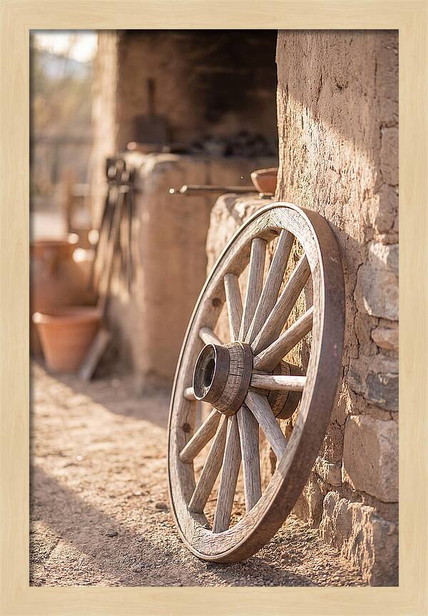 Old Wooden Wheel Against Wall