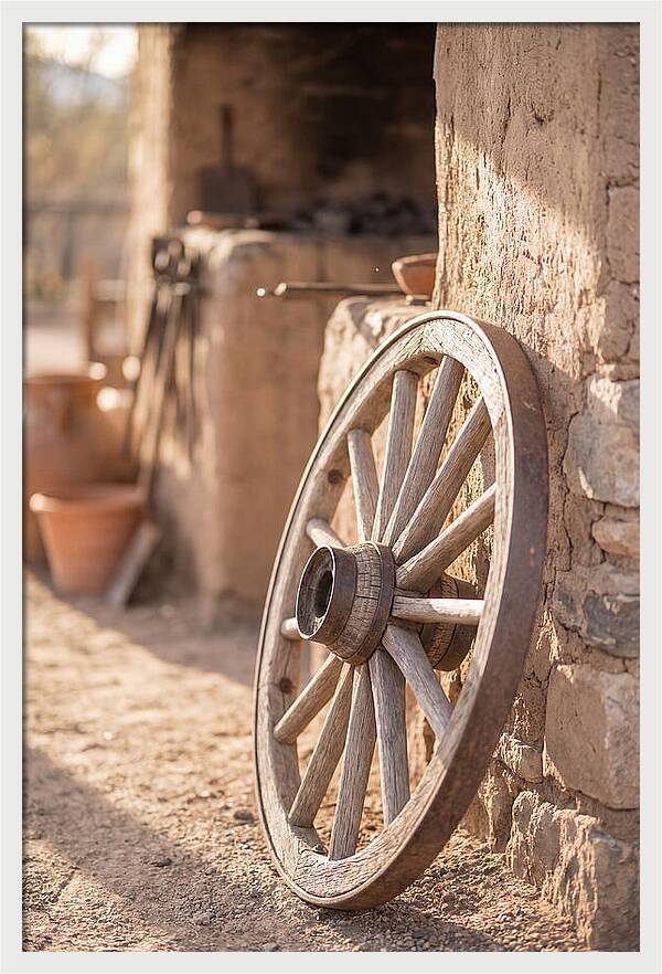Old Wooden Wheel Against Wall