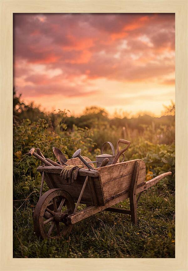 Old Wooden Wheelbarrow At Sunset