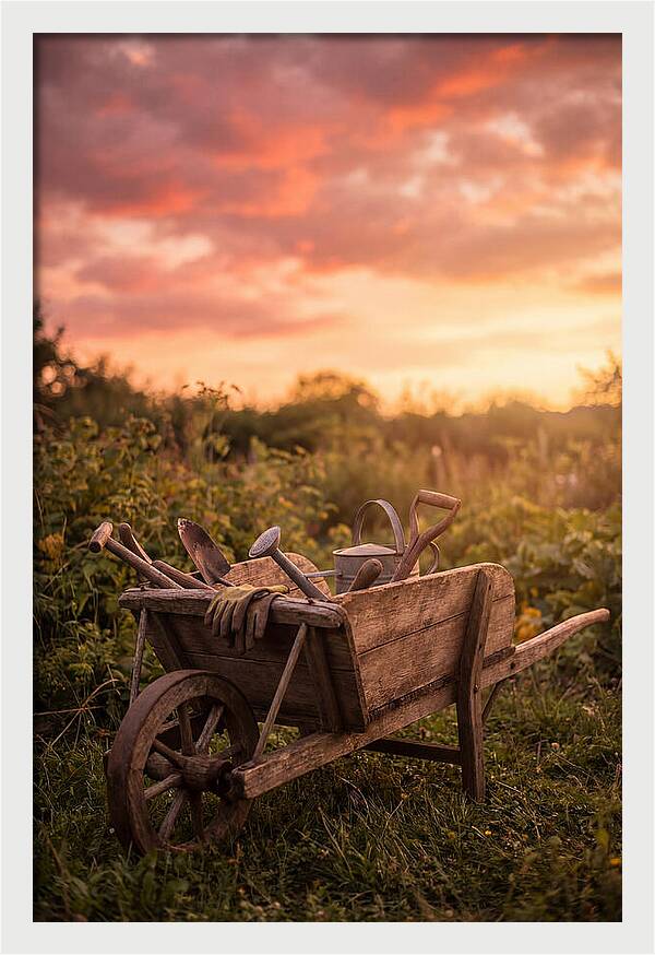 Old Wooden Wheelbarrow At Sunset