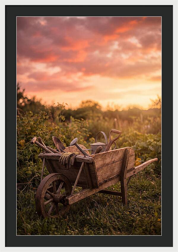 Old Wooden Wheelbarrow At Sunset