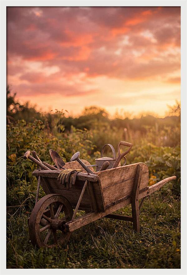 Old Wooden Wheelbarrow At Sunset