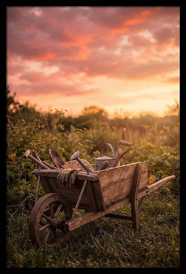 Old Wooden Wheelbarrow At Sunset