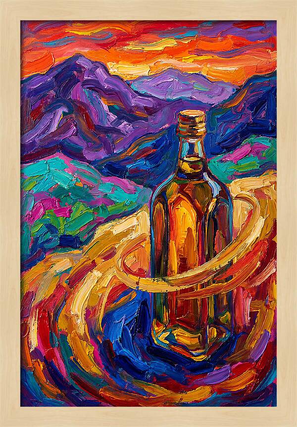 Olive Oil Bottle In Vibrant Landscape