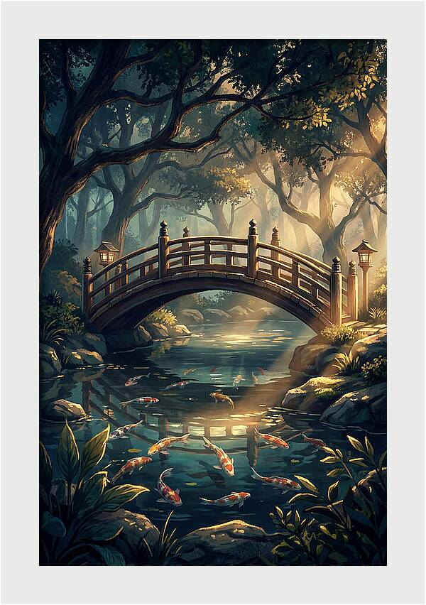 Ornamental Bridge Over Koi Pond