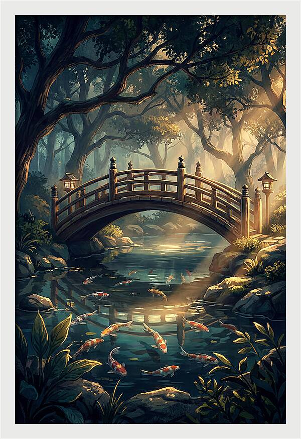 Ornamental Bridge Over Koi Pond