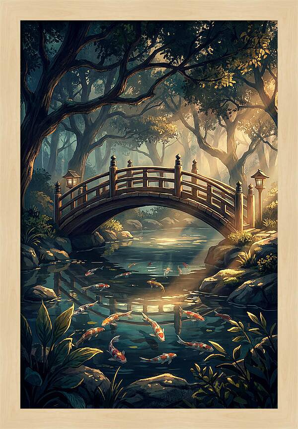 Ornamental Bridge Over Koi Pond