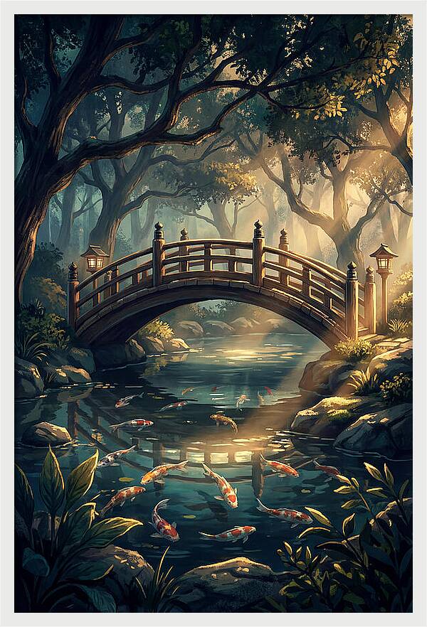 Ornamental Bridge Over Koi Pond