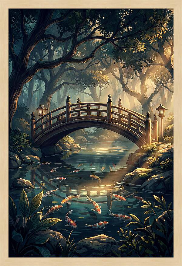 Ornamental Bridge Over Koi Pond