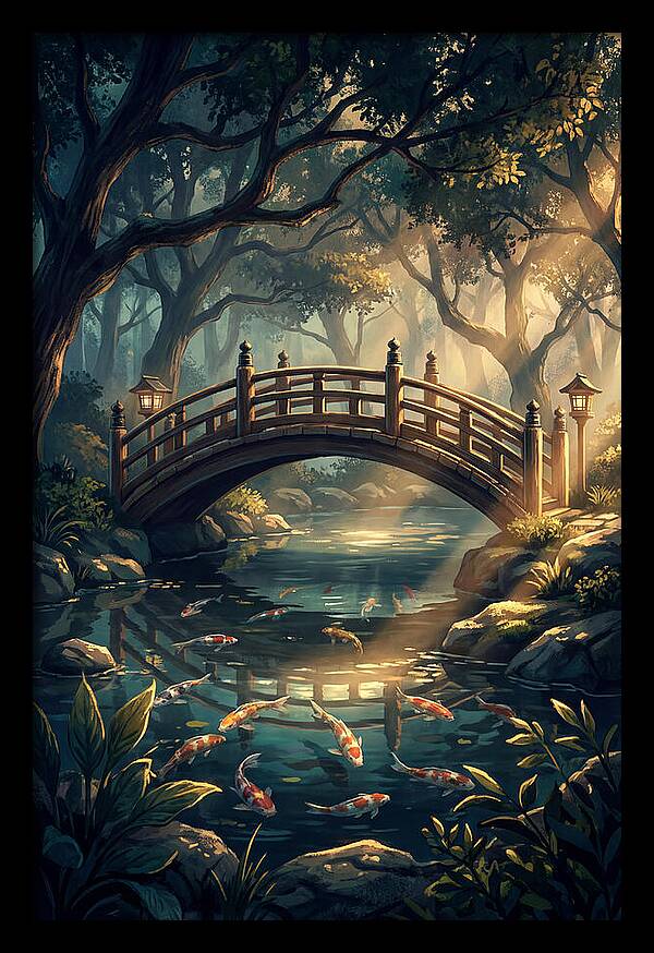 Ornamental Bridge Over Koi Pond
