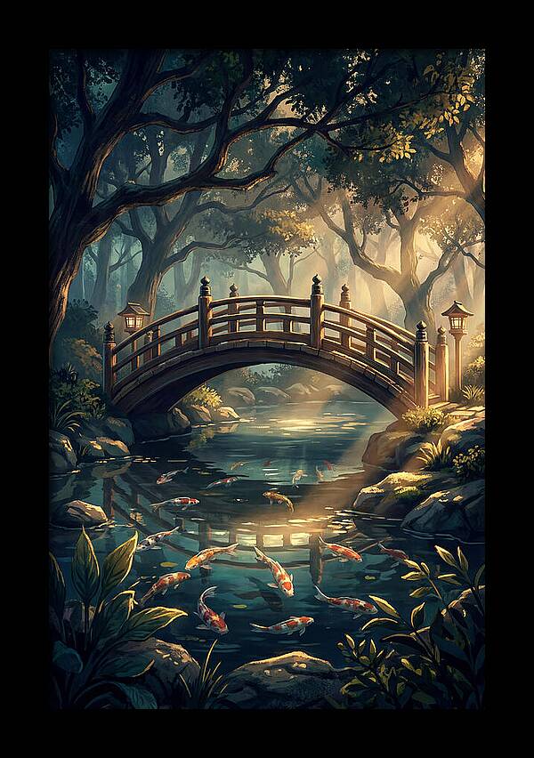 Ornamental Bridge Over Koi Pond