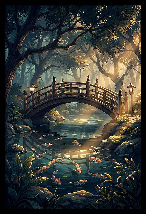 Ornamental Bridge Over Koi Pond