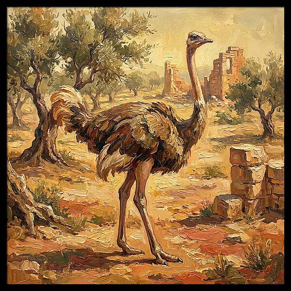 Ostrich Among Ancient Ruins