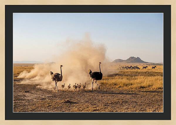 Ostrich Family On The Run