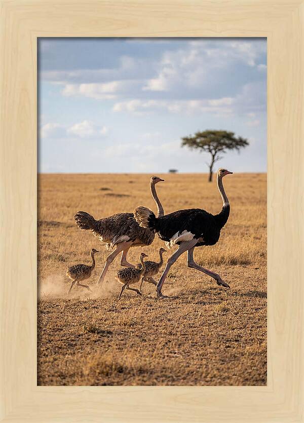 Ostrich Family Running Together