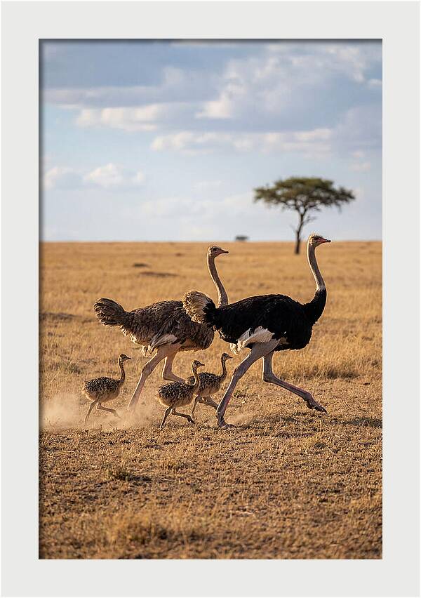 Ostrich Family Running Together