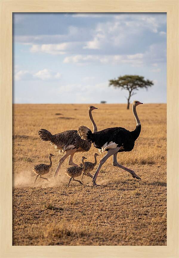 Ostrich Family Running Together