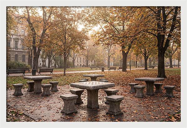 Outdoor Chess Tables In Autumn Park
