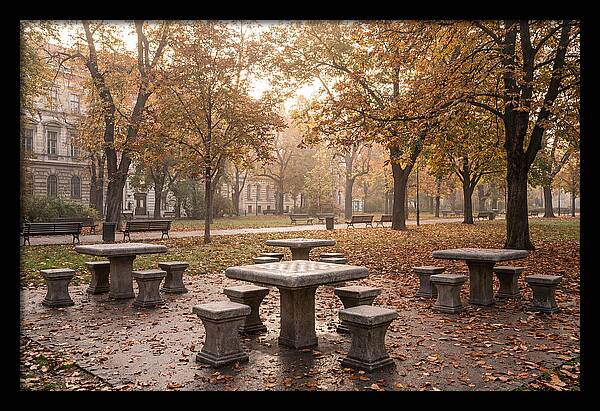 Outdoor Chess Tables In Autumn Park