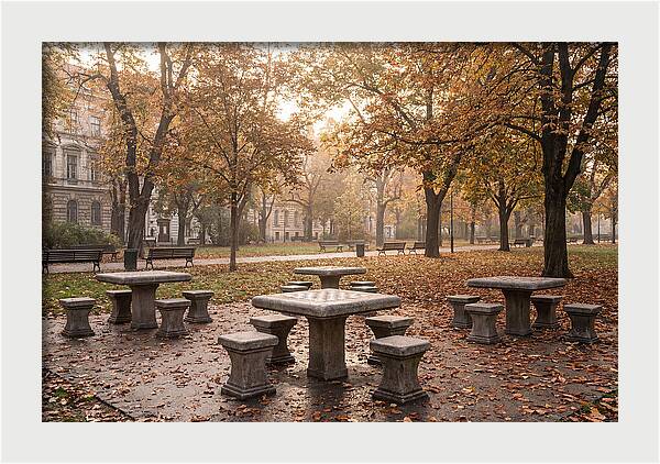 Outdoor Chess Tables In Autumn Park