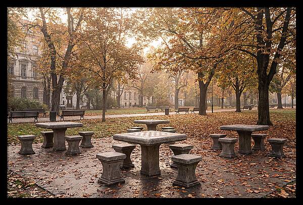 Outdoor Chess Tables In Autumn Park