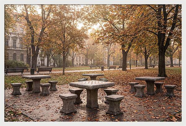 Outdoor Chess Tables In Autumn Park