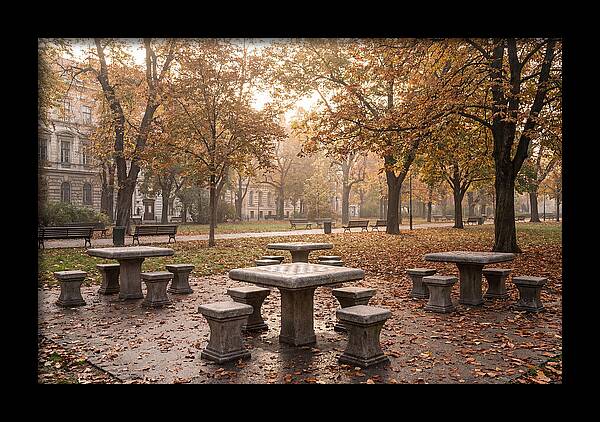 Outdoor Chess Tables In Autumn Park