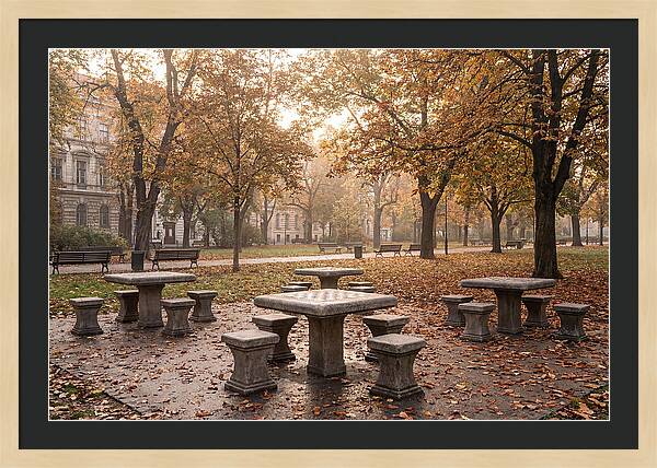 Outdoor Chess Tables In Autumn Park