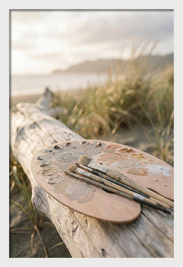 Palette And Brushes By The Shore