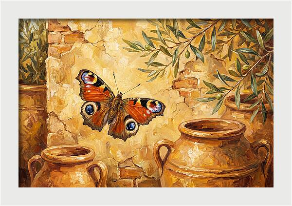 Peacock Butterfly Among Olive Jars