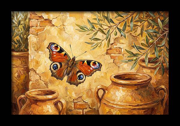 Peacock Butterfly Among Olive Jars