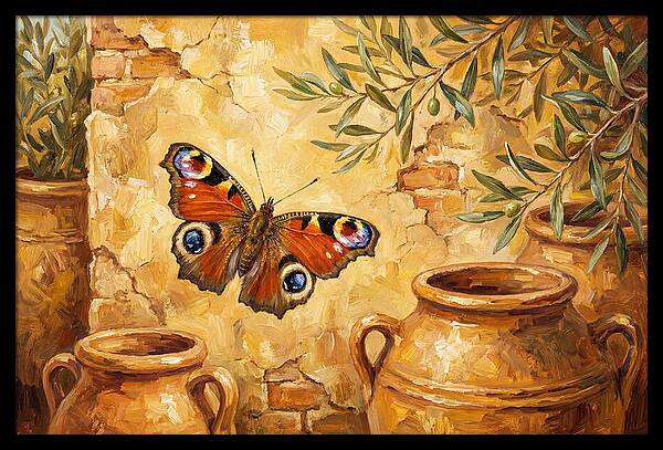 Peacock Butterfly Among Olive Jars